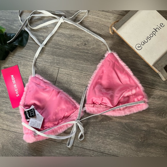 RARE!! SHEIN Rave Fuzzy Pink Faux Fur Bikini Top w Metallic Sequin Star M NWT! - Picture 9 of 10